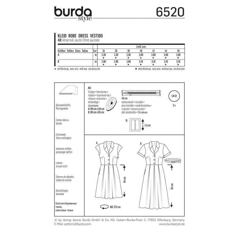 Patron Burda n°6520 : Robe style chemise