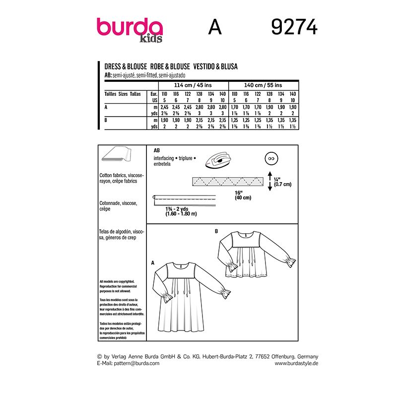 Patron Burda n°9274 : Enfant robe & blouse