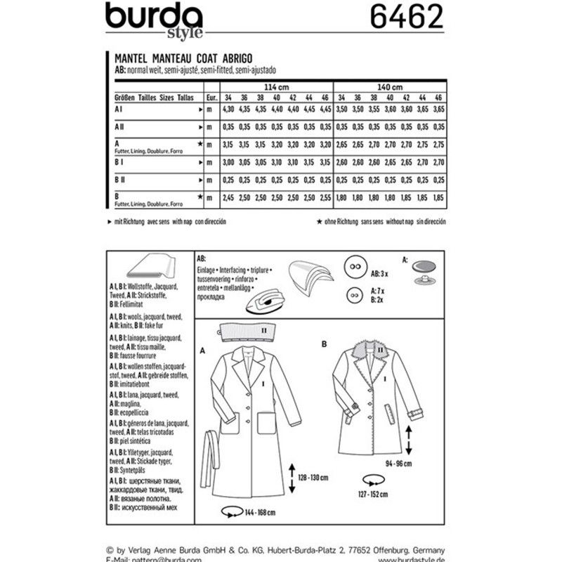 Burda boss n ° 6462: female clasical coat