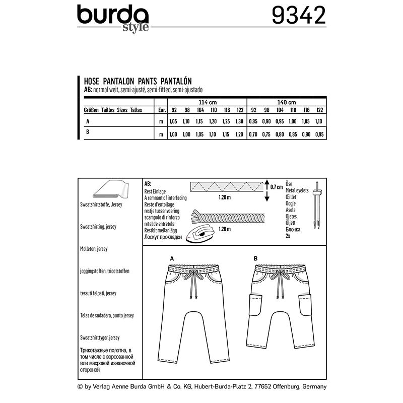 Patron Burda n°9342: Pantalon à coulisse enfant