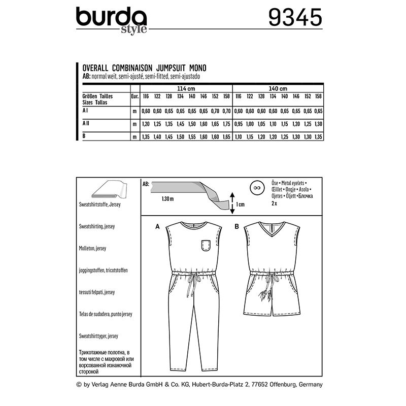 Patron Burda n°9345: Combinaison à poches enfant