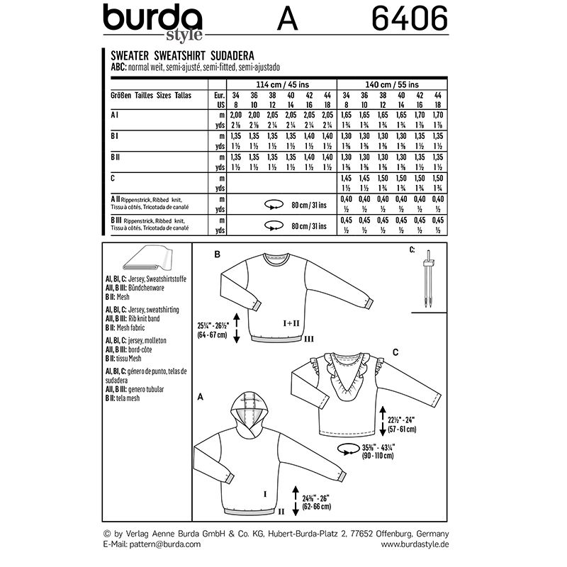 Patron Burda n°6406 : Sweat à capuche