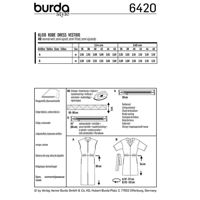 Patron Burda n°6420 : Robe à ceinture