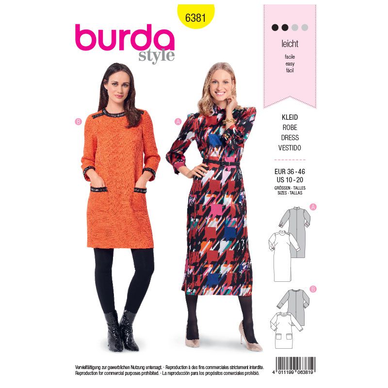 Burda boss n ° 6381: retro dress from the 80s, straight dress with braid