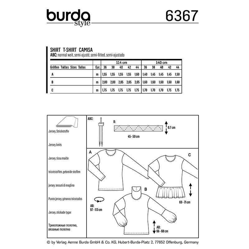 Patron Burda n°6367: T-shirt avec des manches originales, un col roulé ou un ruché d'ourlet
