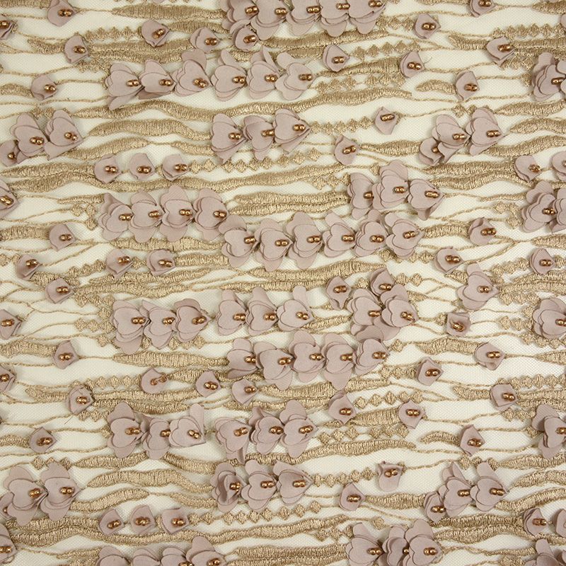 Dentelle tulle brodé et perlé Agathe fond beige doré