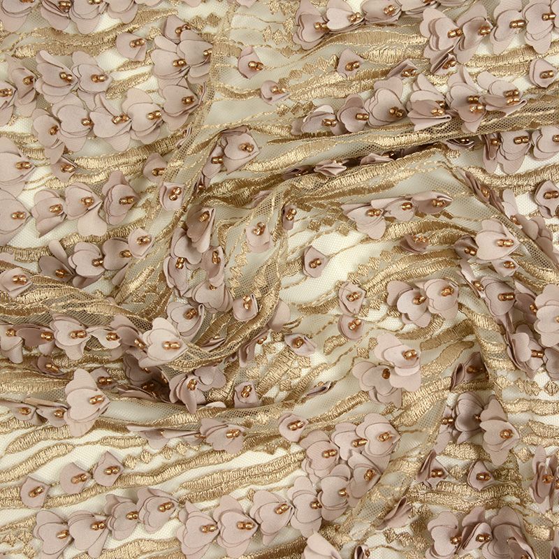 Dentelle tulle brodé et perlé Agathe fond beige doré