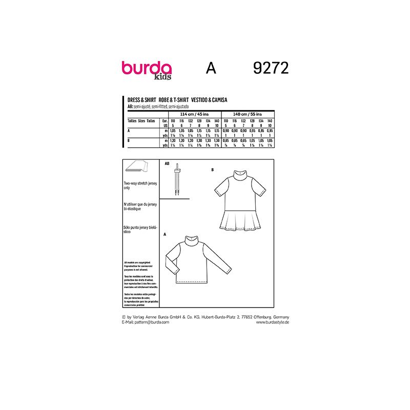 Patron Burda n°9272: Enfant Robe et T-shirt à col montant
