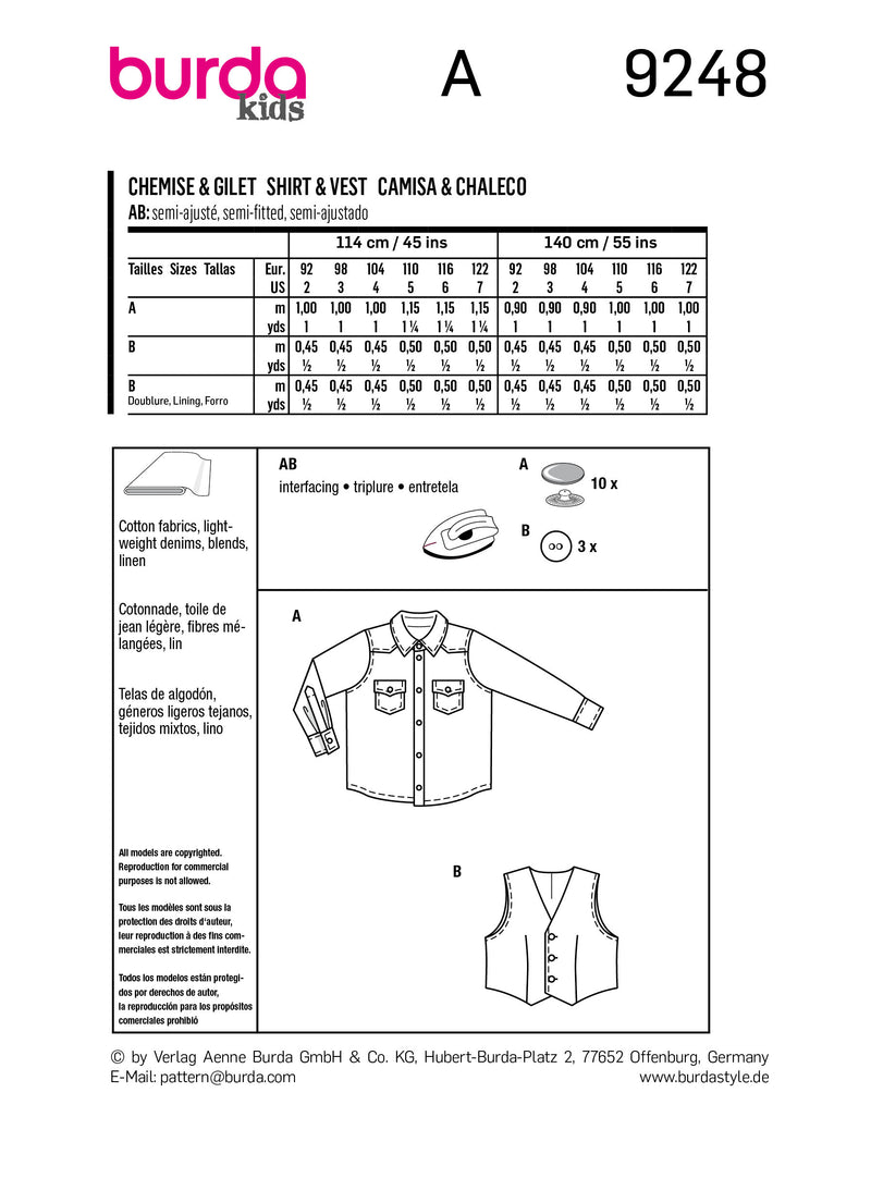 Patron Burda Enfant n°9248 : Chemise & Gilet