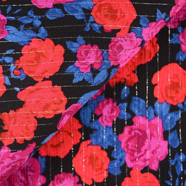 Crépon viscose lurex mes belles roses fond noir