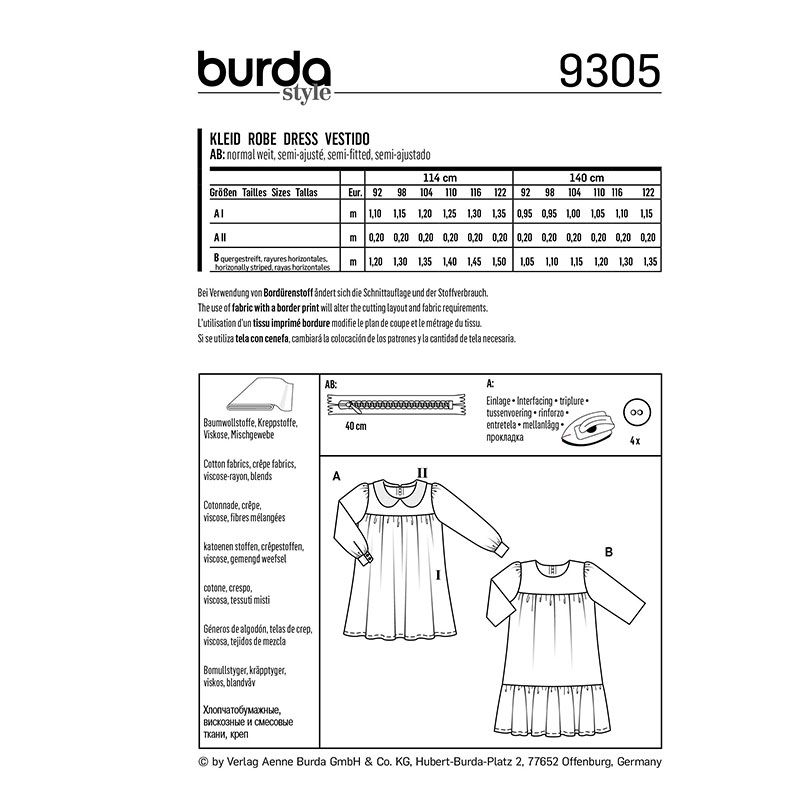 Patron Burda n°9304 : Robe Enfant col claudine