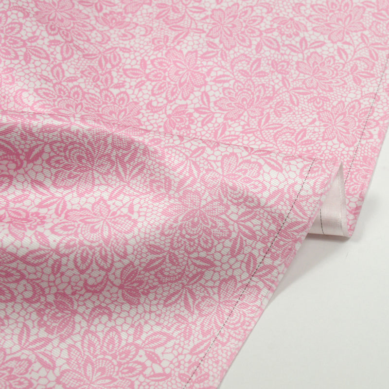 Satin duchesse polyester imprimé dentelle rose