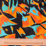 Satin de soie imprimé feu ardent orange et turquoise