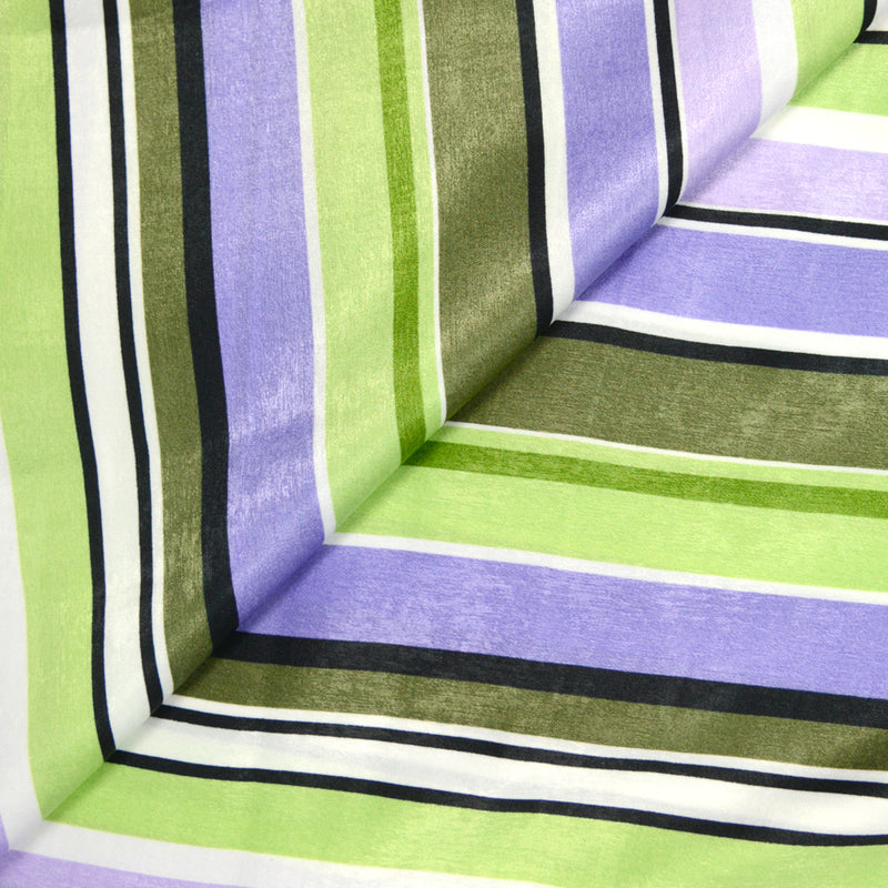 Satin imprimé polyester rayure violet vert et kaki