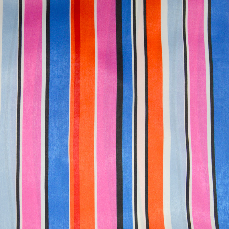 Satin imprimé polyester rayures rouge, bleu et fuchsia