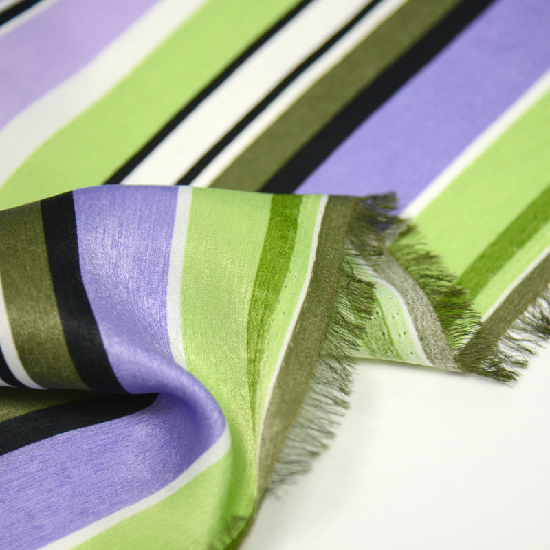 Satin imprimé polyester rayure violet vert et kaki