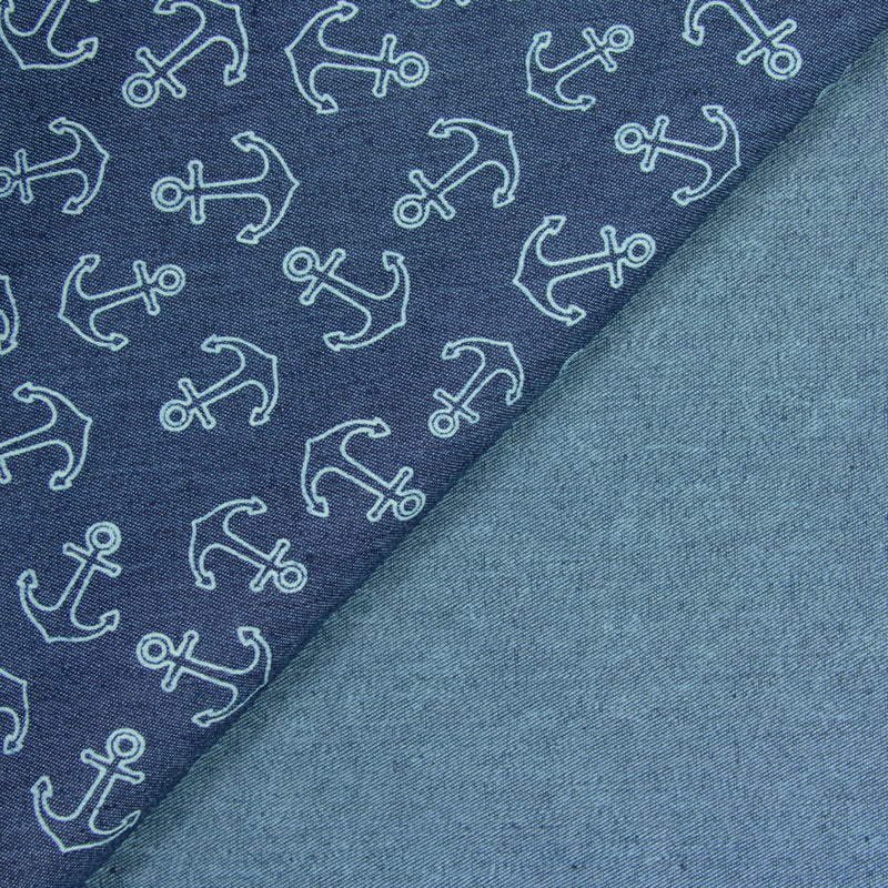 Marine anchor printed cotton chambray