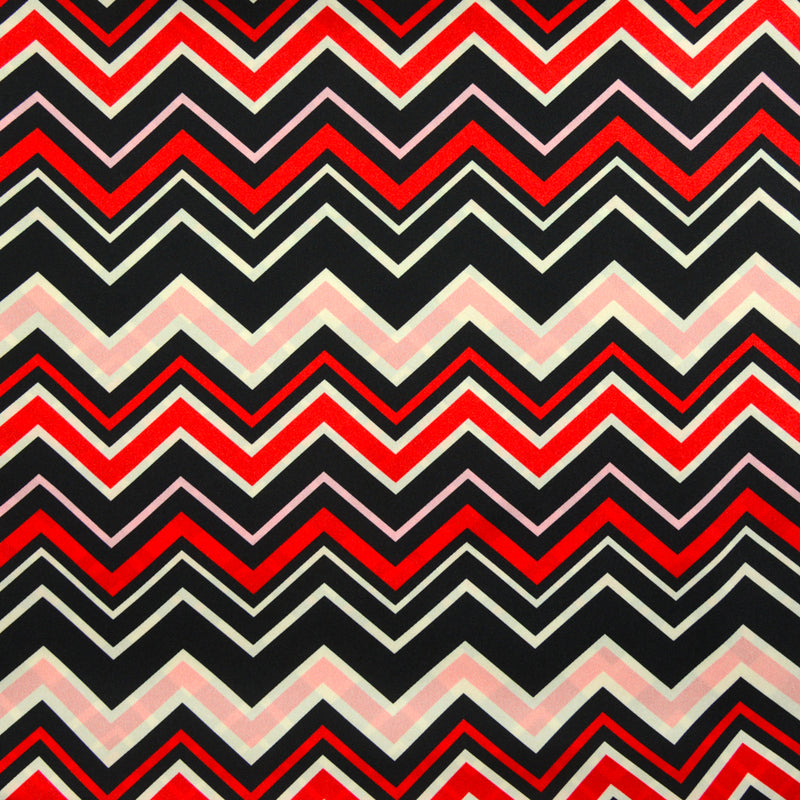 Satin imprimé polyester chevron rouge, rose et noir