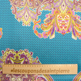 Satin imprimé polyester ornement turquoise