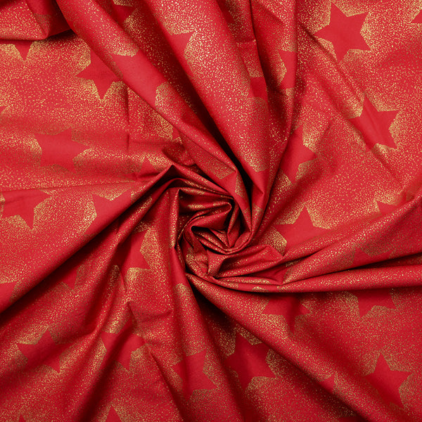 Coton imprimé et doré étoile de noël fond rouge