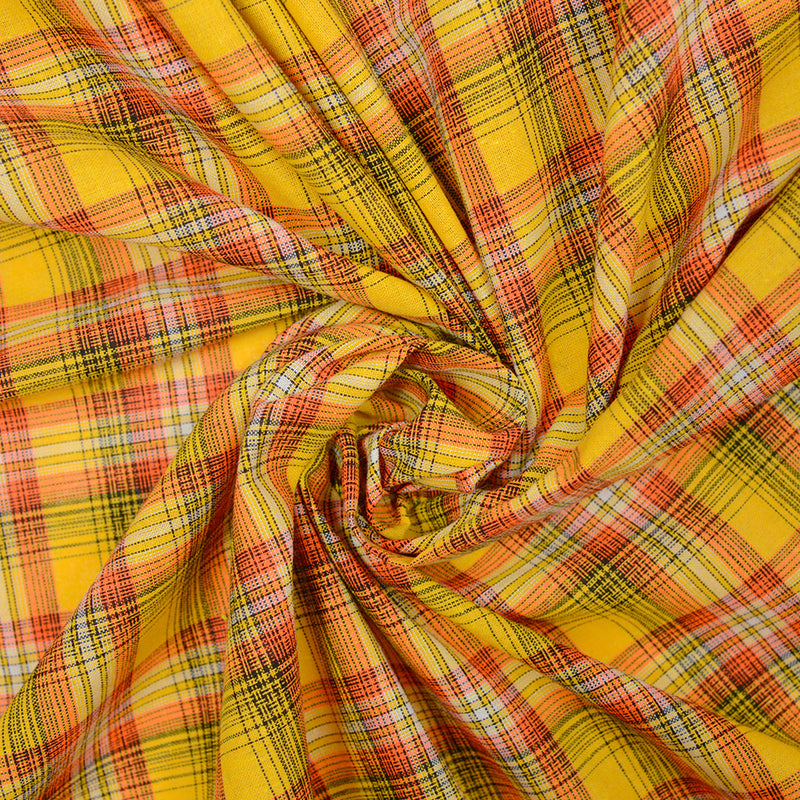 Polycoton tissé-teint à carreaux orange et jaune