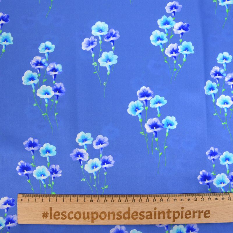 Satin de soie imprimé volubilis fond bleuet