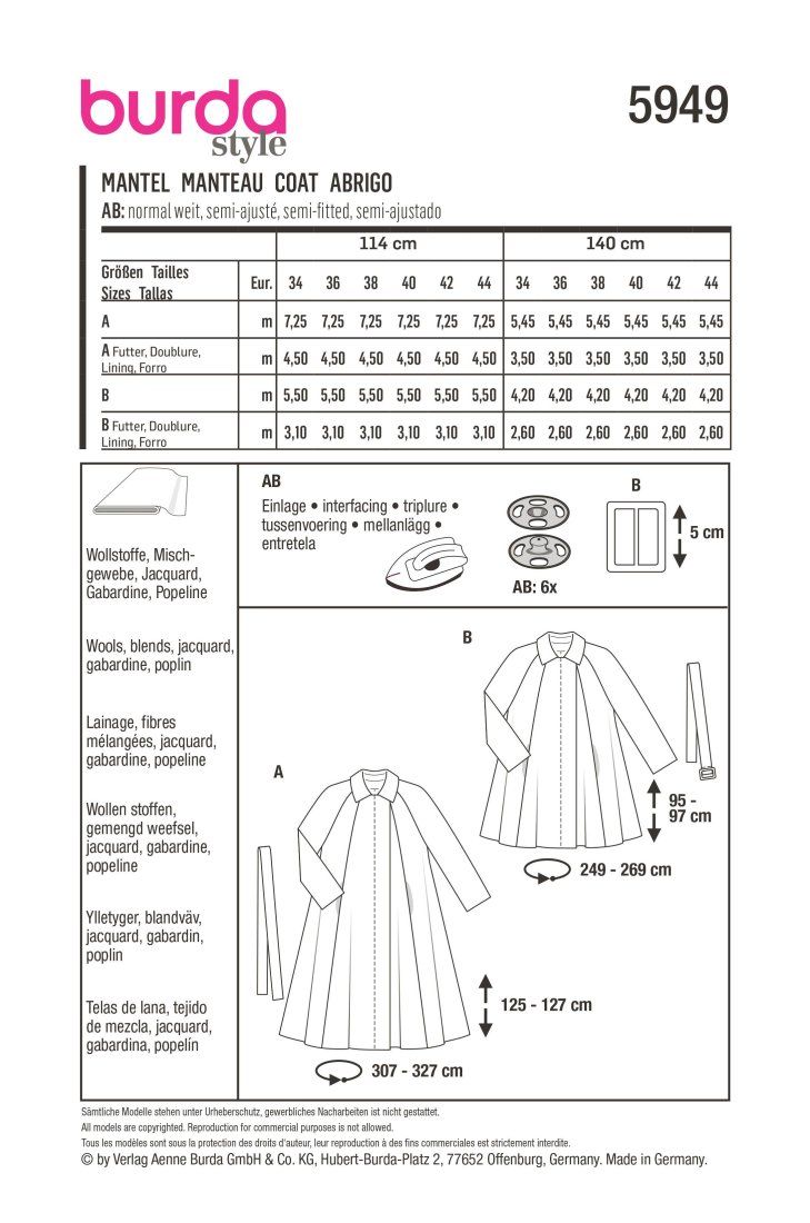 Patron Burda n°5949 : Manteau