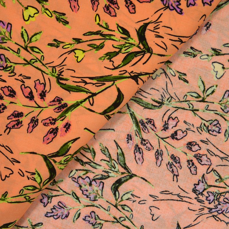 Popeline de viscose imprimée herbier fond orange