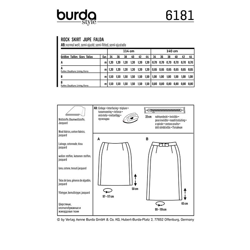 Patron Burda n°6181: Jupe droite ceinture avec nœud femme