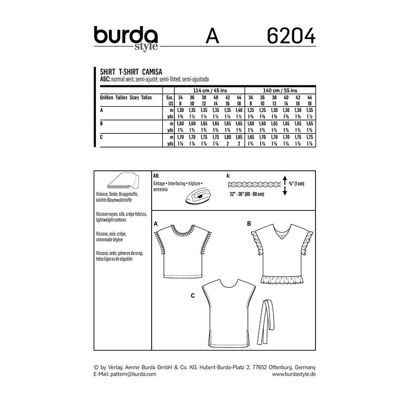Patron Burda n°6204 : T-shirt façon blouse