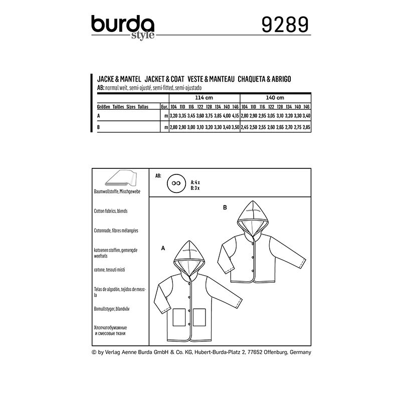 Patron Burda n°9289: Veste et manteau à capuche enfant