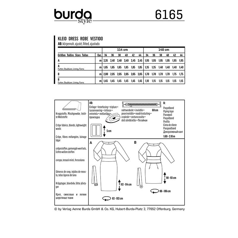 Patron Burda n°6165: Robe fourreau manches 3/4 femme