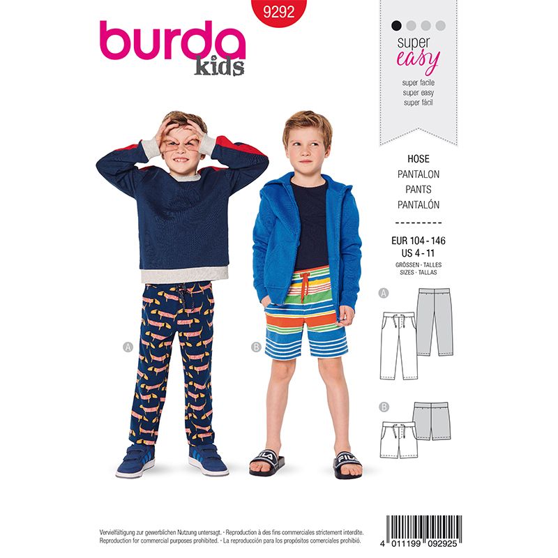Patron Burda n°9292: Pantalon et short à cordon enfant